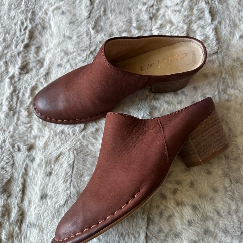 Clarks Brown Leather Mules with Wooden Heel - never worn